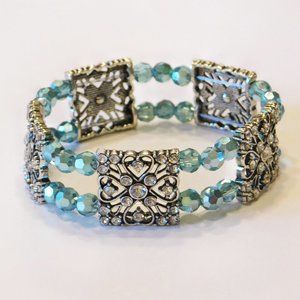 Handmade Blue & Silver Double Layer Stretch Bracelet - 7"
